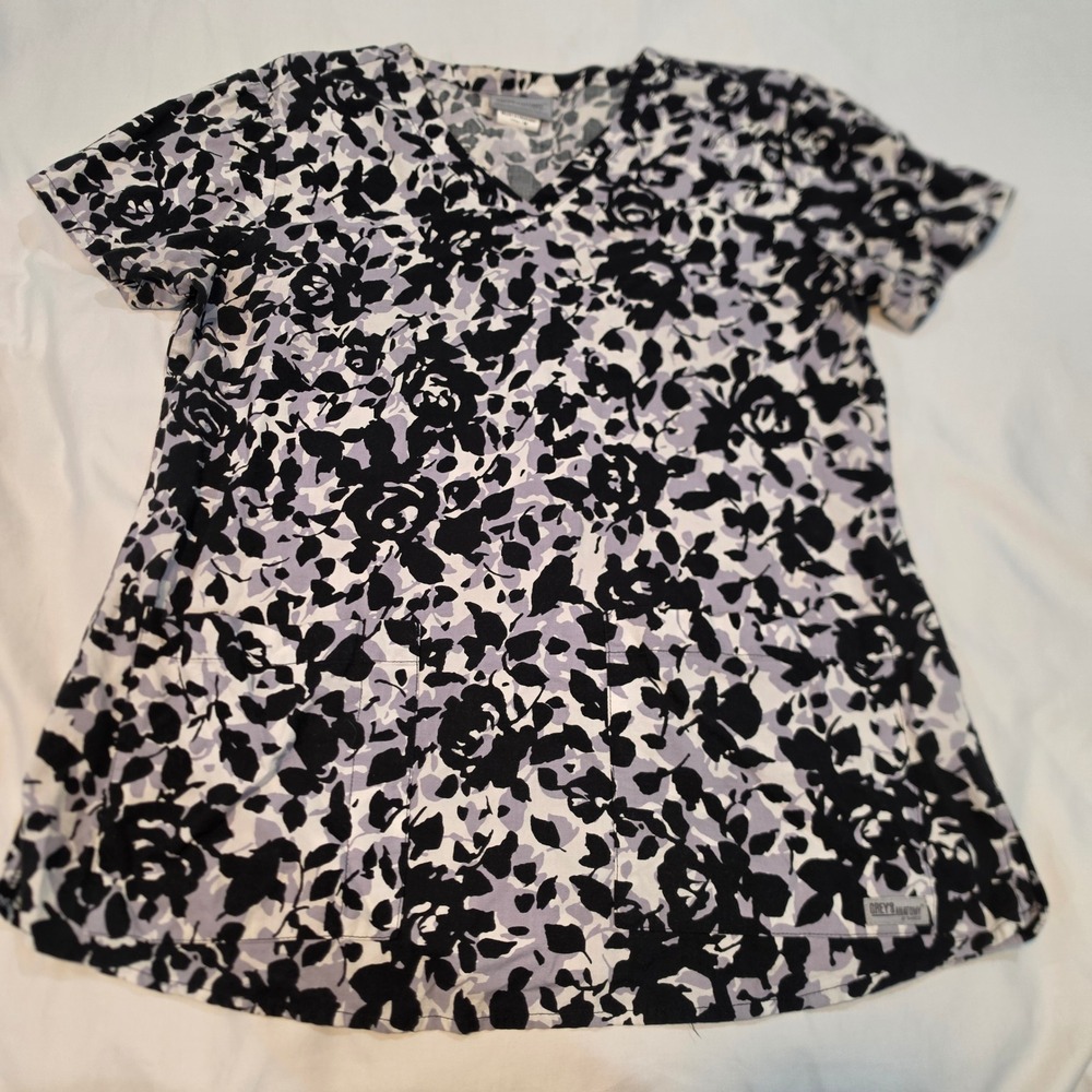 Grey's Anatomy Scrub Top Women Medium Black Floral Excellent V-Neck Barco